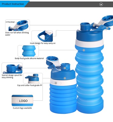 17.6 OZ Customized Logo Soft Foldable Silicone Water Bottle