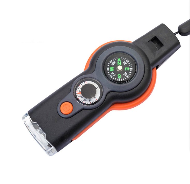 7 in 1 Survival Whistle with LED lamp, Compass, Magnifying glass, Reflector, Thermometer and Sealed bin Function