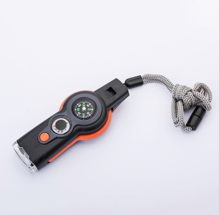 7 in 1 Survival Whistle with LED lamp, Compass, Magnifying glass, Reflector, Thermometer and Sealed bin Function